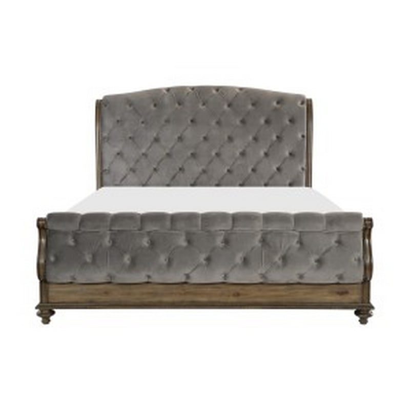 Pemberly Row Queen Sleigh Bed w/ Tufted Rolled Headboard & Nailhead Trim in Gray