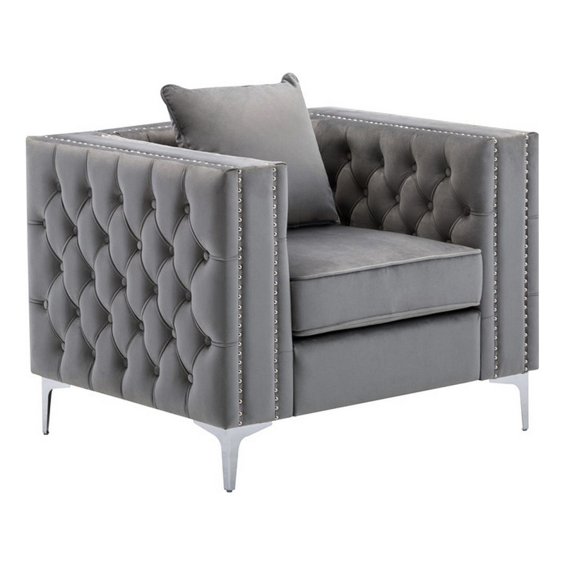 Pemberly Row 40 Inch Chesterfield Armchair with Button Tufting in Gray Velvet