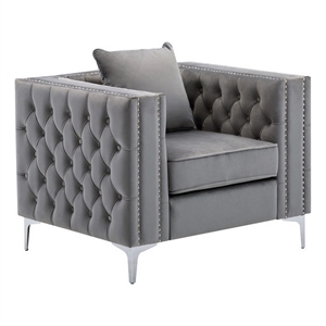 Pemberly Row 40 Inch Chesterfield Armchair with Button Tufting in Gray Velvet