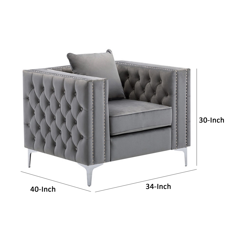 Pemberly Row 40 Inch Chesterfield Armchair with Button Tufting in Gray Velvet