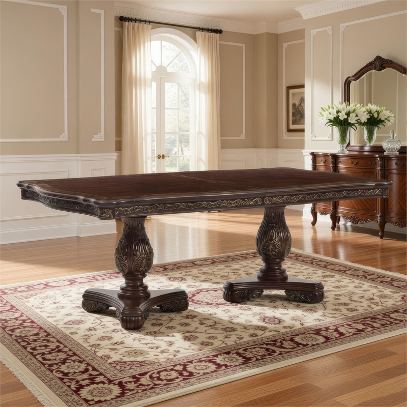 Pemberly Row 86 to 114 Inch Extendable Rectangular Dining Table in Cherry Brown