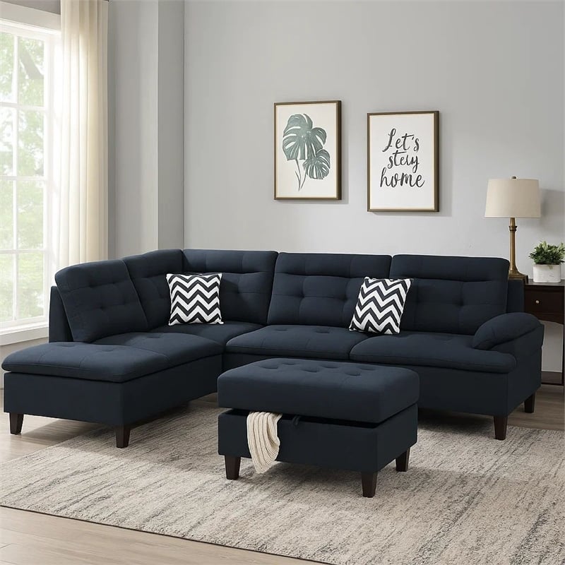 Pemberly Row 3 Piece L Shape Sectional Sofa with Ottoman and 2 Pillows in Black