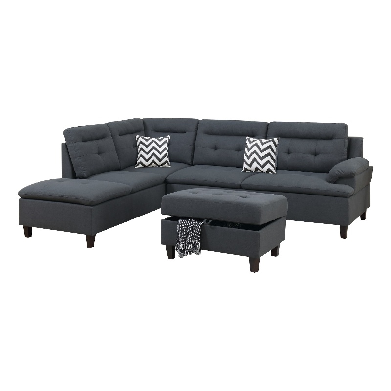 Pemberly Row 3Pc L Shape Sectional Sofa w/ Ottoman & 2 Pillows in Charcoal Gray