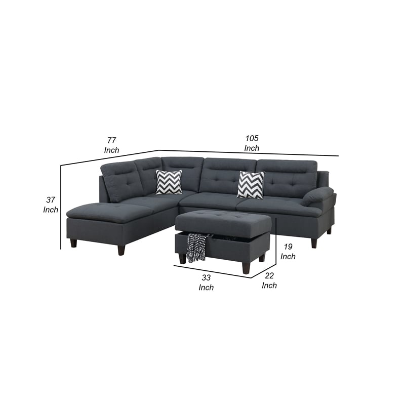 Pemberly Row 3Pc L Shape Sectional Sofa w/ Ottoman & 2 Pillows in Charcoal Gray