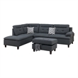 Pemberly Row 3Pc L Shape Sectional Sofa w/ Ottoman & 2 Pillows in Charcoal Gray