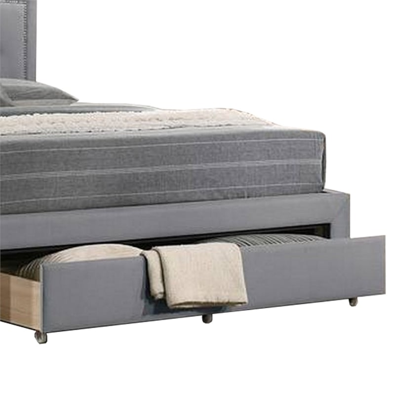 Pemberly Row Upholstered Tufted Queen Bed with Storage and Nailhead Trim in Gray