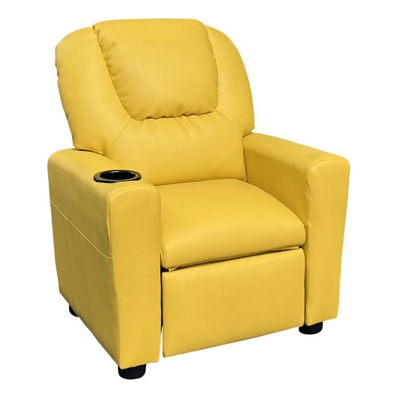 Pemberly Row Kids Youth Recliner Chair with Cup Holder in Yellow Faux Leather