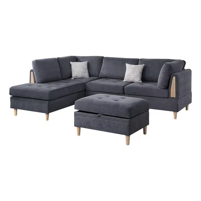 Pemberly Row 3 Piece L Shape Sectional Sofa with Ottoman and Storage in Charcoal