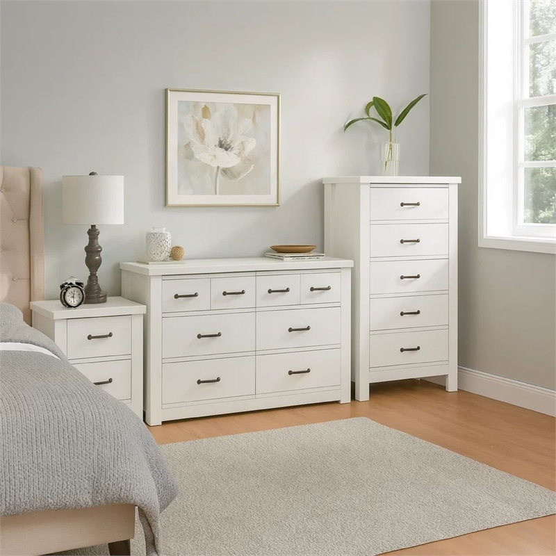Pemberly Row 3 Piece Bedroom Set with Dresser Chest and Nightstand in White
