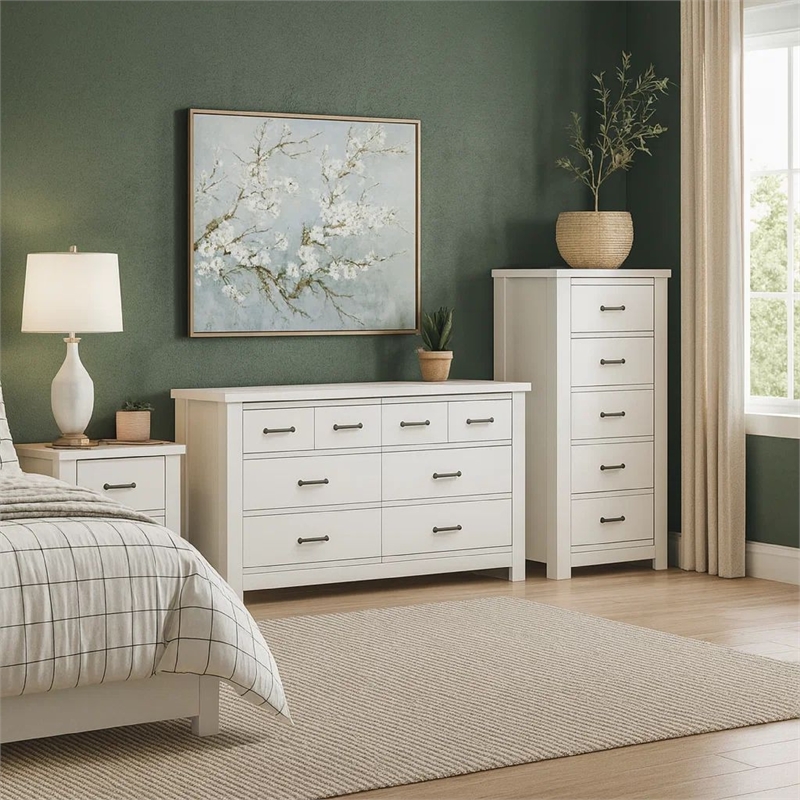 Pemberly Row 3 Piece Bedroom Set with Dresser Chest and Nightstand in White
