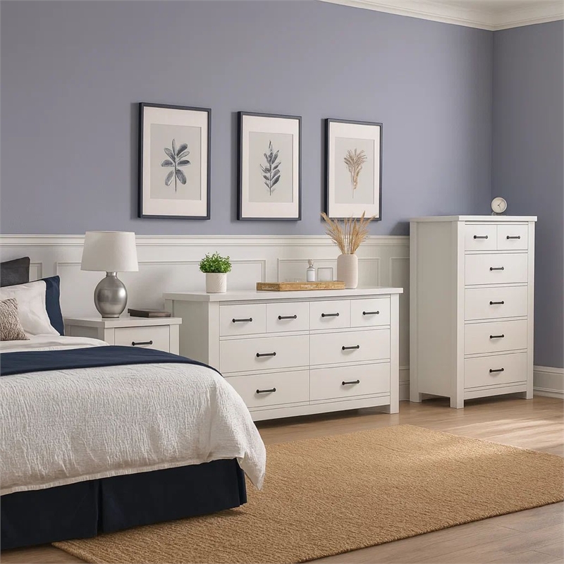 Pemberly Row 3 Piece Bedroom Set with Dresser Chest and Nightstand in White
