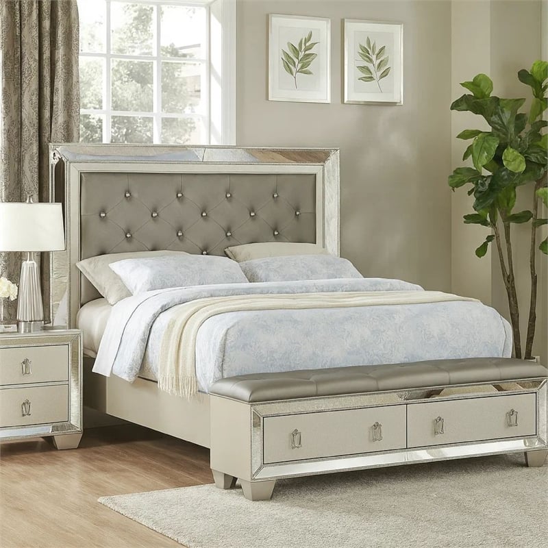 Pemberly Row California King Bed with 2 Drawer Bench and Mirror Inlay in Silver