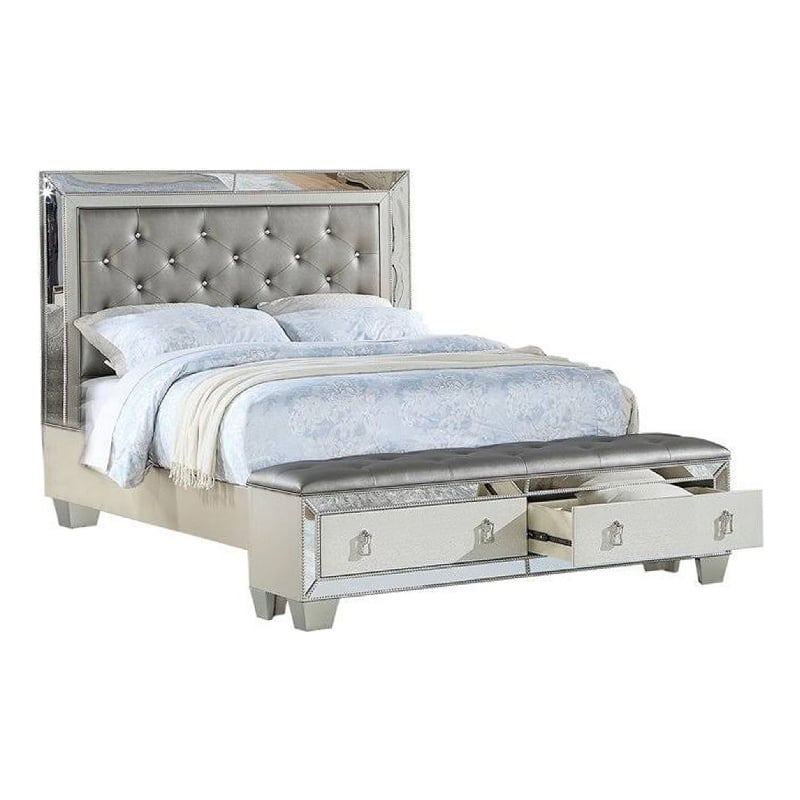 Pemberly Row California King Bed with 2 Drawer Bench and Mirror Inlay in Silver