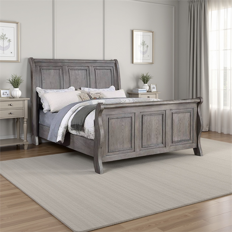 Pemberly Row California King Sleigh Bed with Tri Panel Molded Trim in Oak Gray