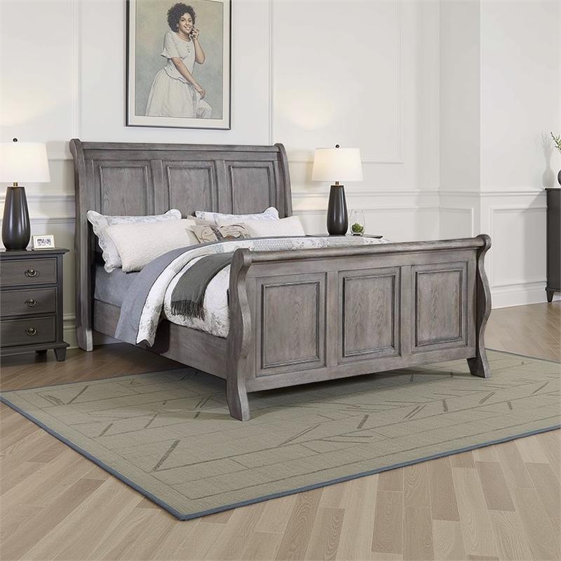 Pemberly Row King Sleigh Bed with Tri Panel Molded Trim in Oak Gray