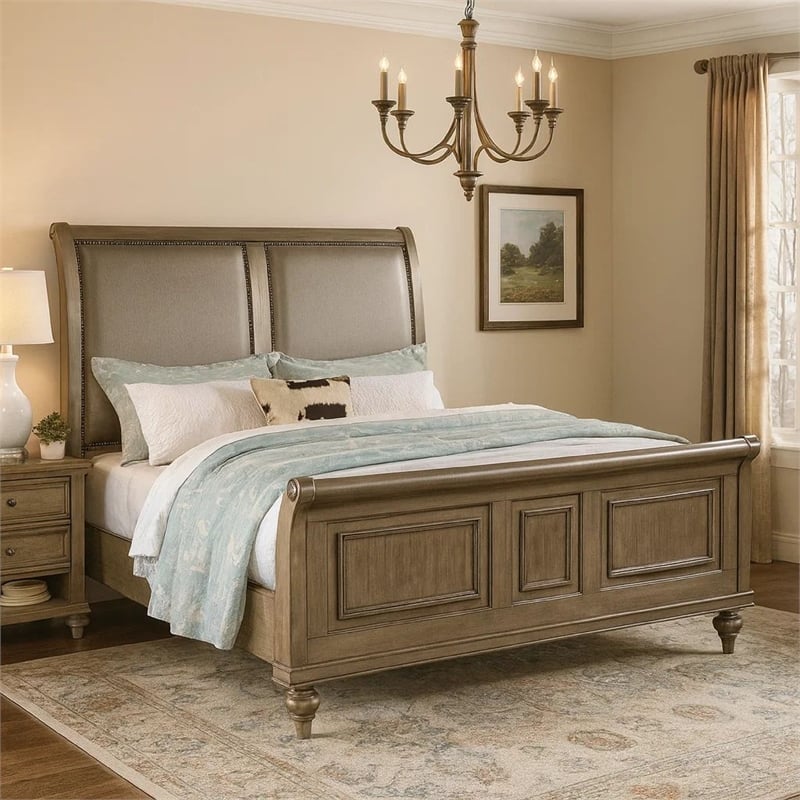 Pemberly Row California King Bed w/ Sleigh Headboard & Molded Footboard in Gold