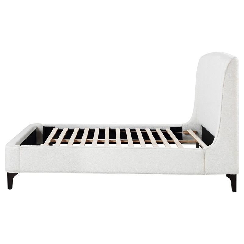 Pemberly Row Queen Bed with Curved Wingback Headboard in White Boucle Fabric