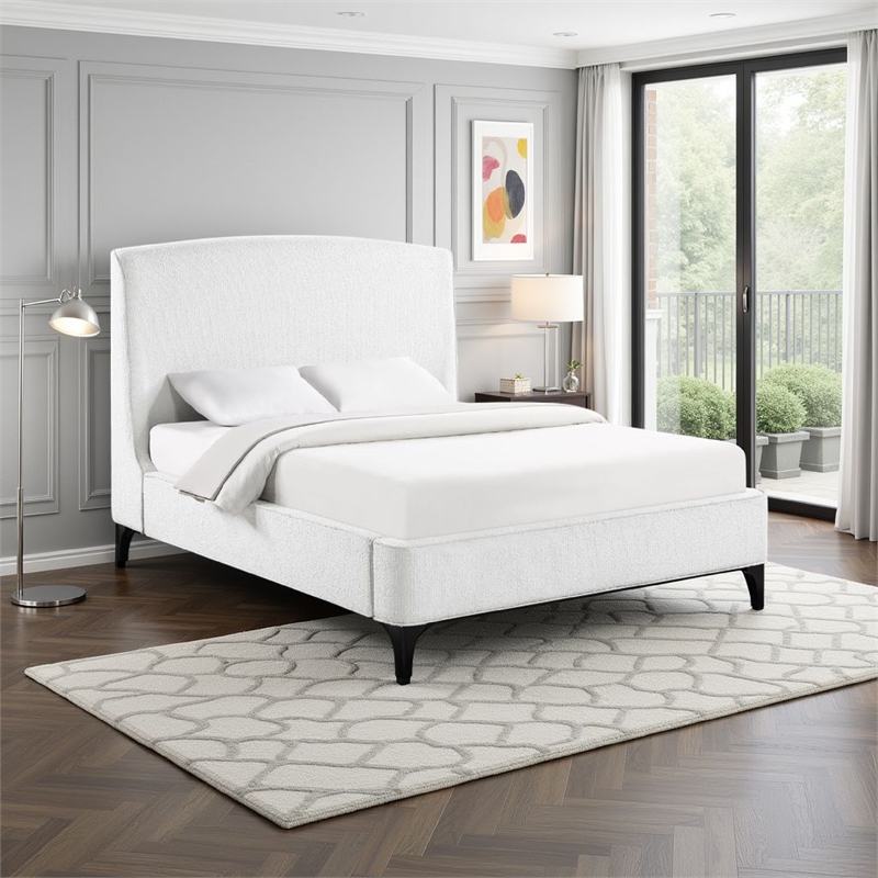 Pemberly Row King Bed with Curved Wingback Headboard in White Boucle Fabric