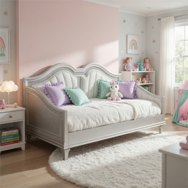 Pemberly Row Twin Daybed with Channel Tufted Back and Faux Diamond Trim in Ivory