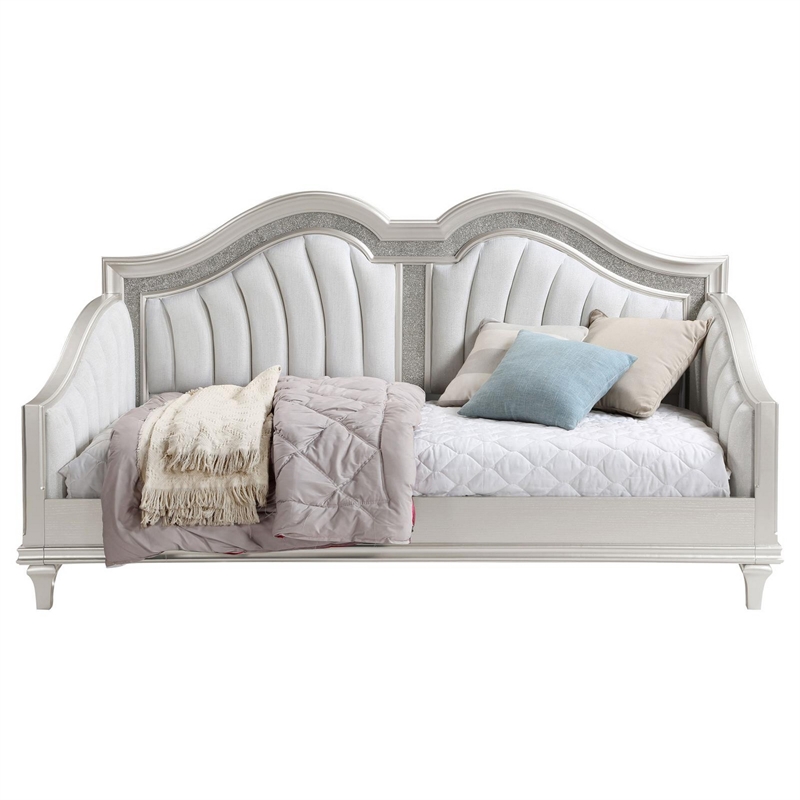 Pemberly Row Twin Daybed with Channel Tufted Back and Faux Diamond Trim in Ivory