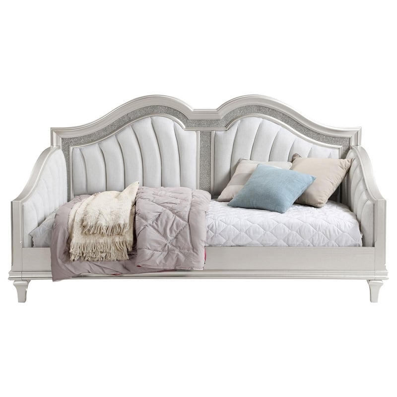 Pemberly Row Twin Daybed with Channel Tufted Back and Faux Diamond Trim in Ivory