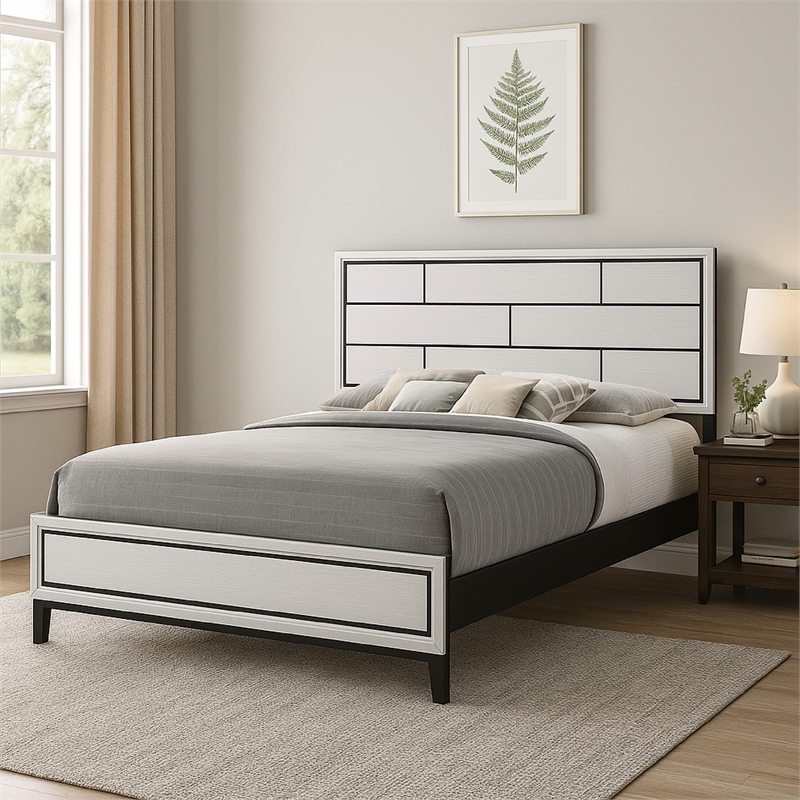 Pemberly Row King Bed with Geometric Panel Headboard and Tapered Legs in White