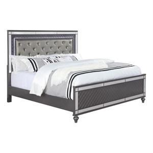 Pemberly Row King Bed with Mirror Panels and Tufted Gray Fabric Upholstery