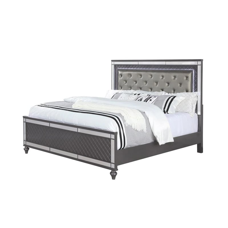 Pemberly Row Queen Bed with Mirror Panels and Tufted Gray Fabric Upholstery