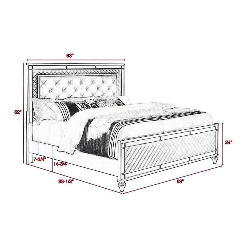 Pemberly Row Queen Bed with Mirror Panels and Tufted Gray Fabric Upholstery