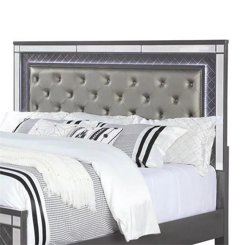 Pemberly Row Queen Bed with Mirror Panels and Tufted Gray Fabric Upholstery