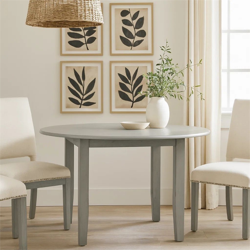 Pemberly Row 47 Inch Round Rubberwood Dining Table with Block Legs in Gray