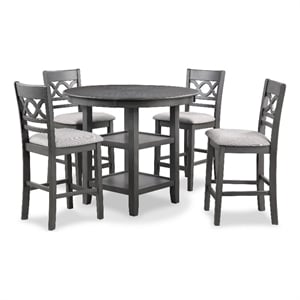 Pemberly Row 5 Pc Round Counter Height Dining Set with Shelves in Gray and White