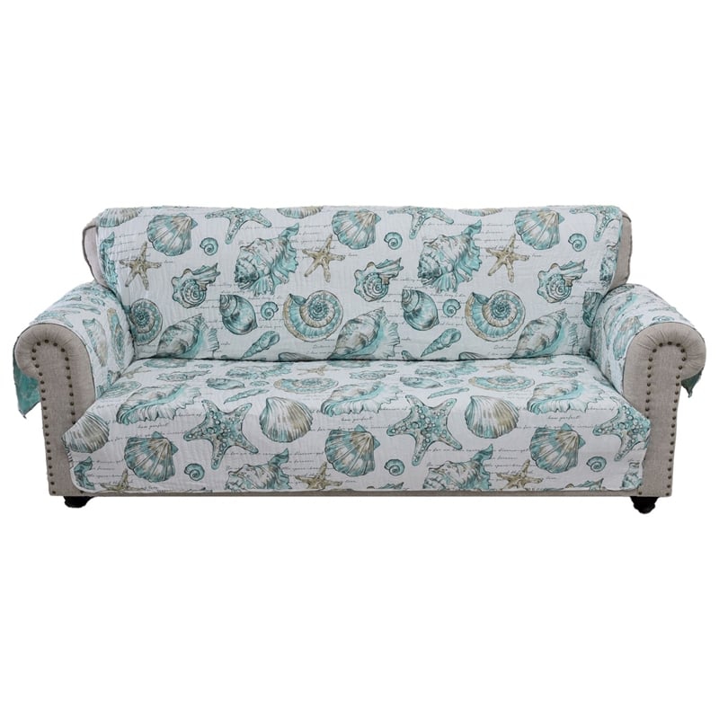 Pemberly Row 127 Inch Wave Quilted Sofa Protector with Seashell Design in White
