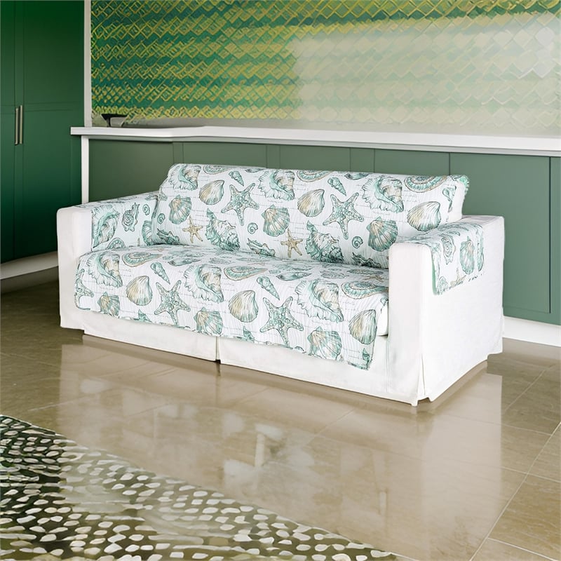 Pemberly Row 127 Inch Wave Quilted Sofa Protector with Seashell Design in White