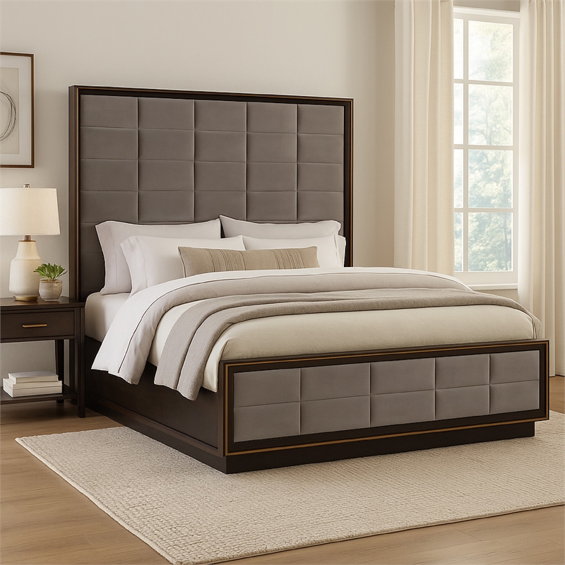 Pemberly Row California King Bed with Grid Tufted Tall Panel Headboard in Taupe
