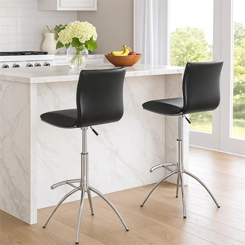 Pemberly Row Set of 2 Adjustable Height Swivel Barstools in Black Faux Leather