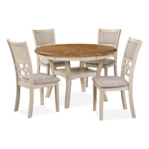 Pemberly Row 5 Piece Round Dining Set with Cutout Back Chairs in Brown and Beige
