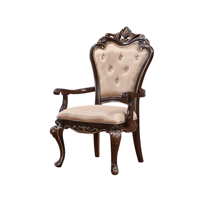 Pemberly Row 2Pc Tufted Dining Armchairs in Cherry Brown with Beige Upholstery