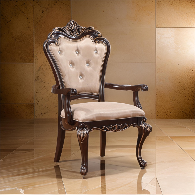 Pemberly Row 2Pc Tufted Dining Armchairs in Cherry Brown with Beige Upholstery