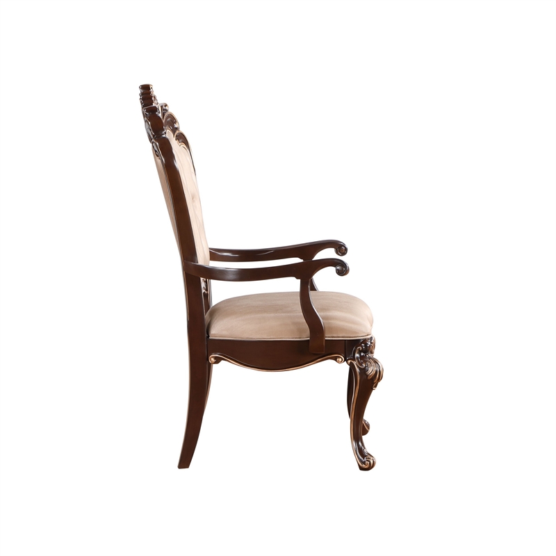 Pemberly Row 2Pc Tufted Dining Armchairs in Cherry Brown with Beige Upholstery