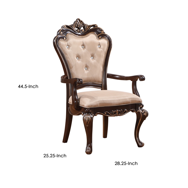 Pemberly Row 2Pc Tufted Dining Armchairs in Cherry Brown with Beige Upholstery
