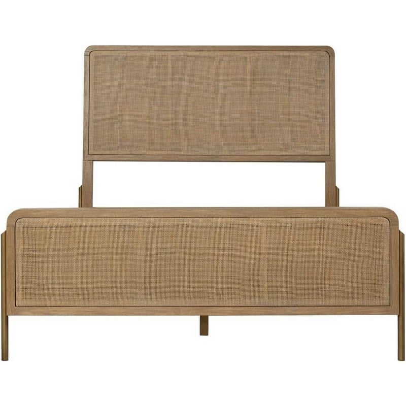 Pemberly Row King Platform Bed with Woven Cane Headboard and 4 Slats in Brown