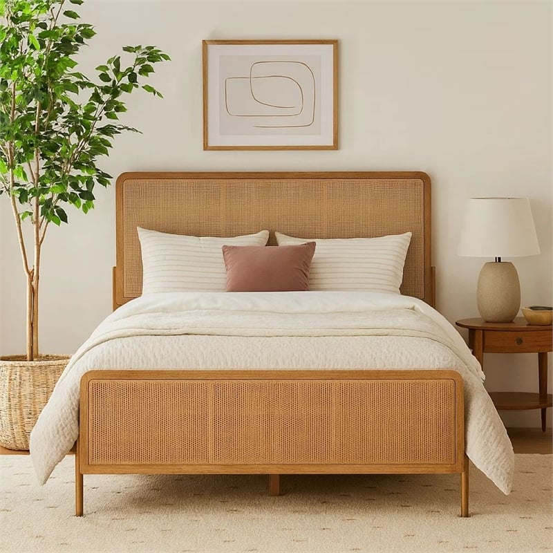 Pemberly Row King Platform Bed with Woven Cane Headboard and 4 Slats in Brown