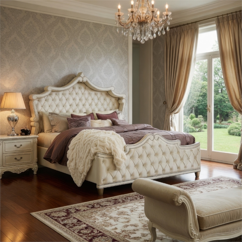 Pemberly Row King Bed with French Carved Scalloped Headboard & Tufting in Ivory