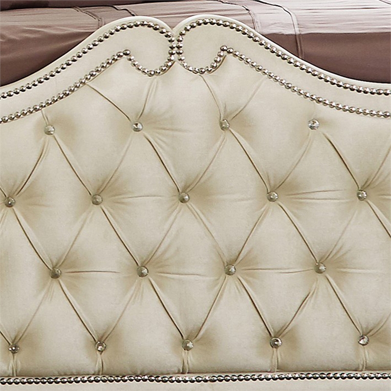 Pemberly Row King Bed with French Carved Scalloped Headboard & Tufting in Ivory