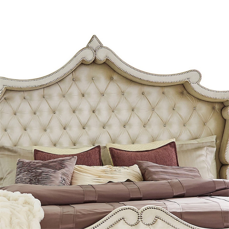 Pemberly Row King Bed with French Carved Scalloped Headboard & Tufting in Ivory