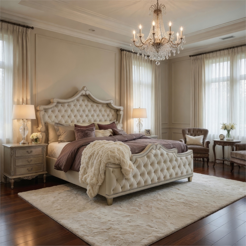 Pemberly Row California King Bed with French Carved Scalloped Headboard in Ivory