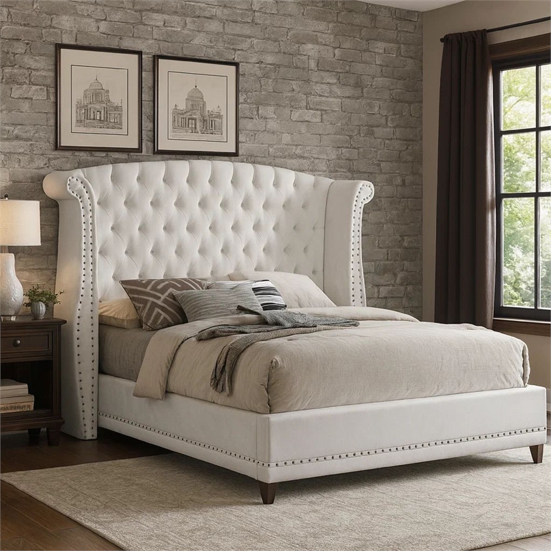 Pemberly Row California King Wingback Bed with Crystal Tufting & Nailhead Trim