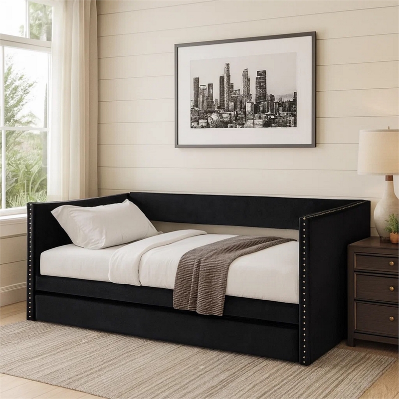 Pemberly Row Daybed with Pull Out Trundle and Nailhead Trim in Black Velvet
