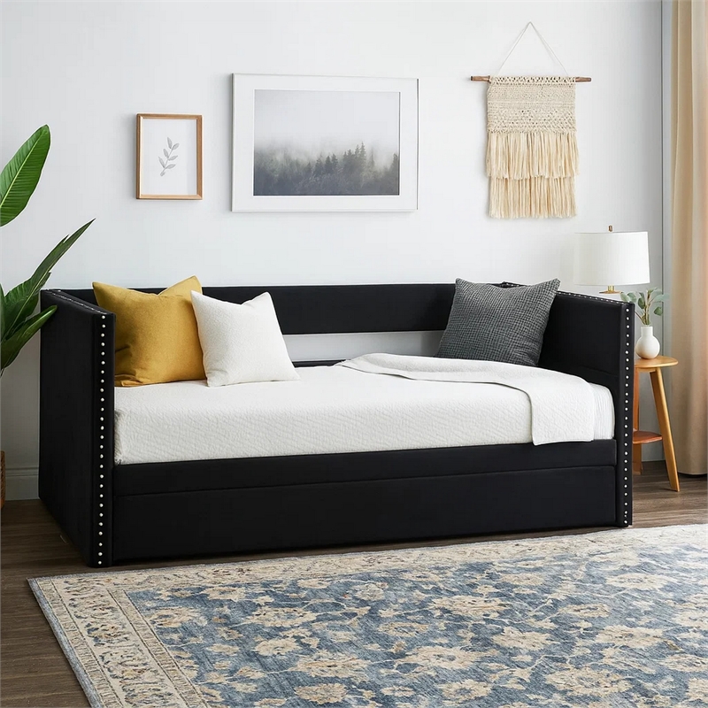 Pemberly Row Daybed with Pull Out Trundle and Nailhead Trim in Black Velvet